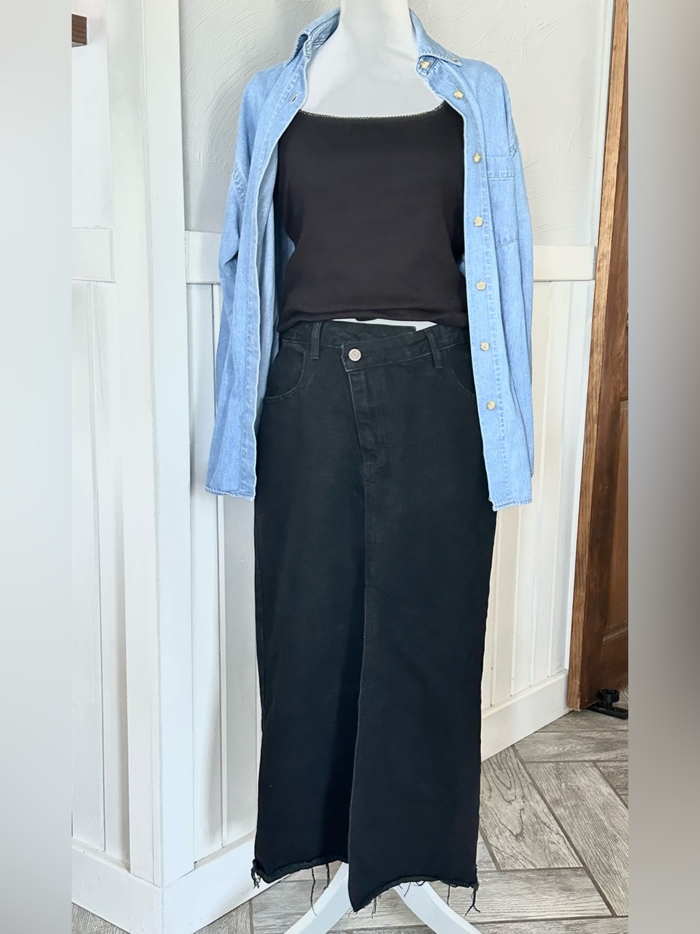 Happily Grey Midi Denim Skirt Black Size 11/29 Front Slit Assymetrical Waist